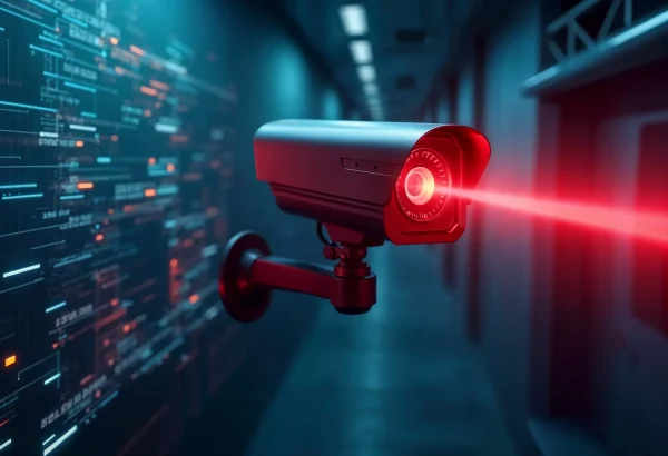 High-tech surveillance camera with red alert light and digital data background.